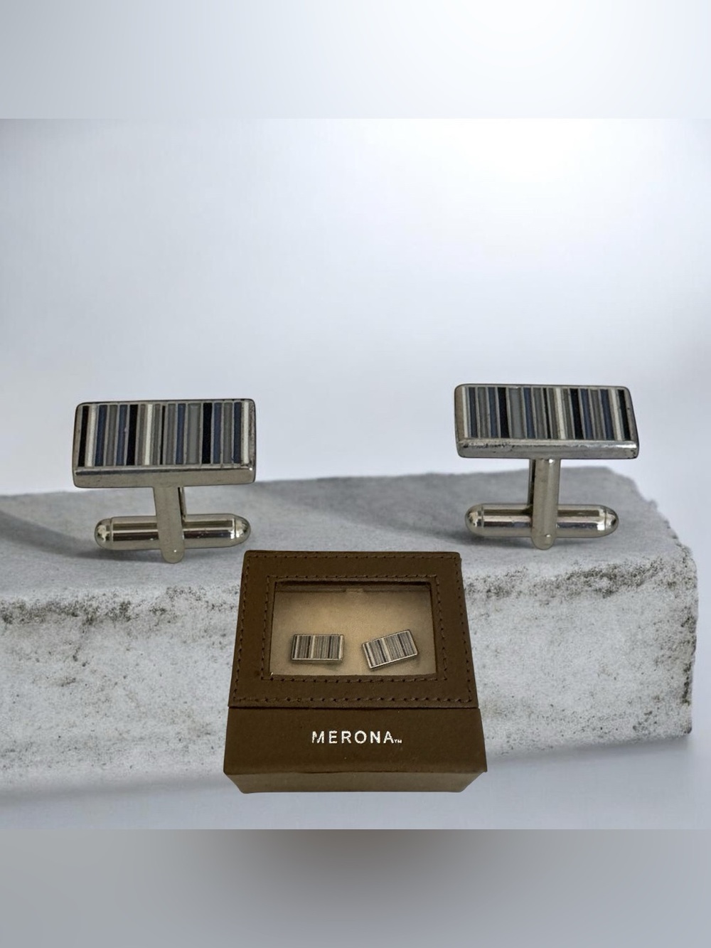 Merona Men’s Silver Tone Rectangular Silver & Black Striped Cufflinks